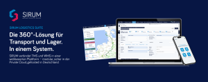 Banner der SIRUM Logistics Suite mit Logo, Produktheadline und Screenshots der TMS- und WMS-Oberfläche auf Laptop und Smartphone vor dunkelblauem Hintergrund.